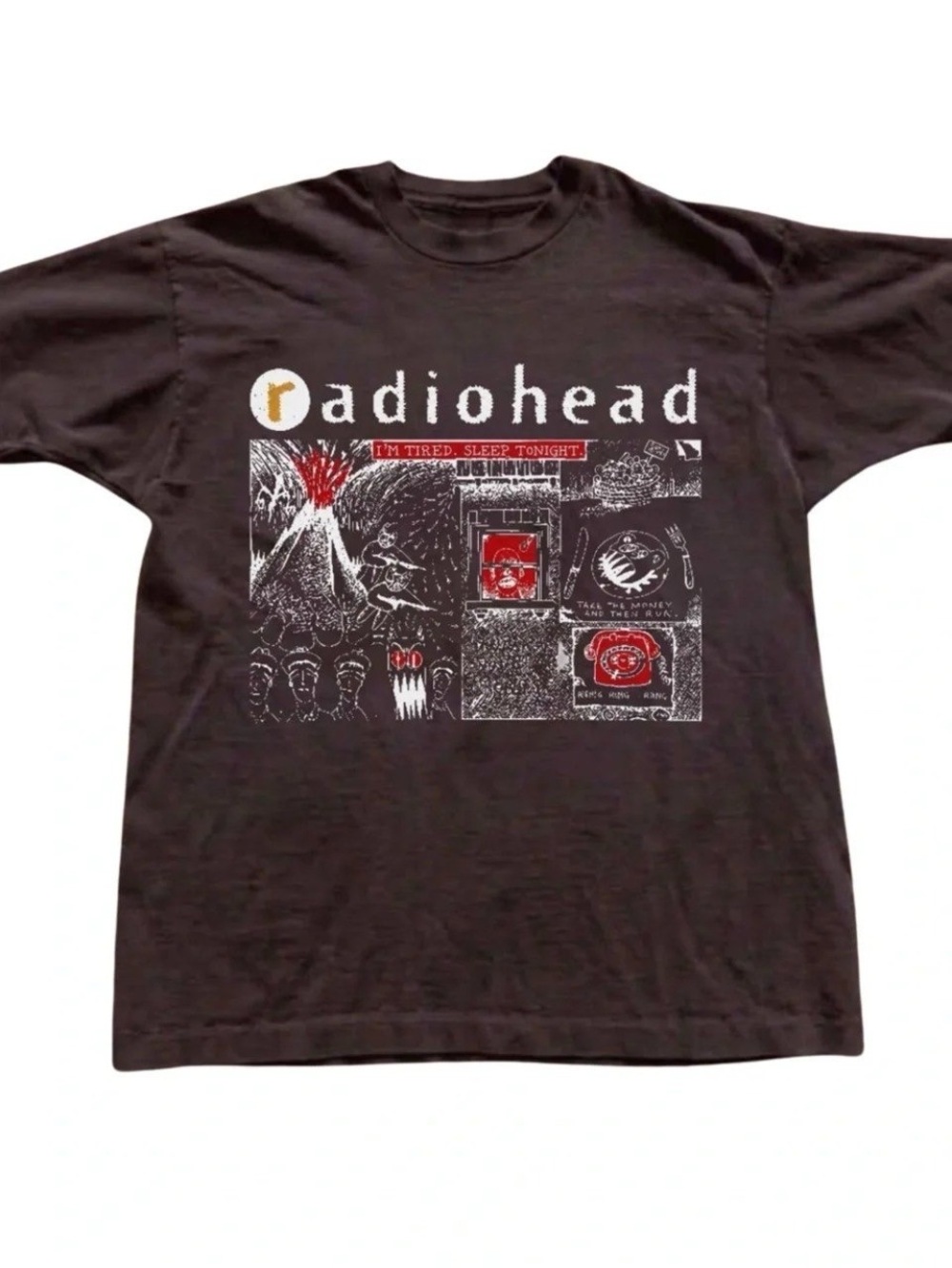 Brown Radiohead Graphic Tee with Red & White Accents